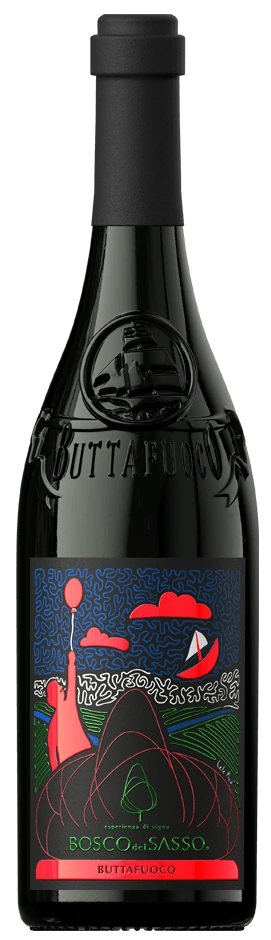 Bottiglia di Buttafuoco Storico Bosco del Sasso con etichetta colorata e veliero